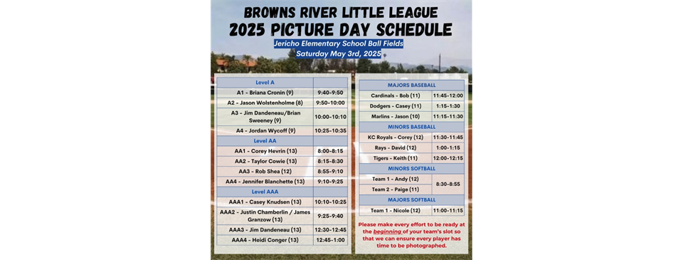 2025 Picture Schedule - May 3rd @ JES